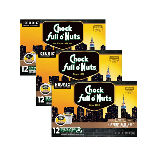 Chock Full o'Nuts Heavenly Hazelnut Coffee, Compatible with K-Cup Pods, 12 CT (Pack of 3)