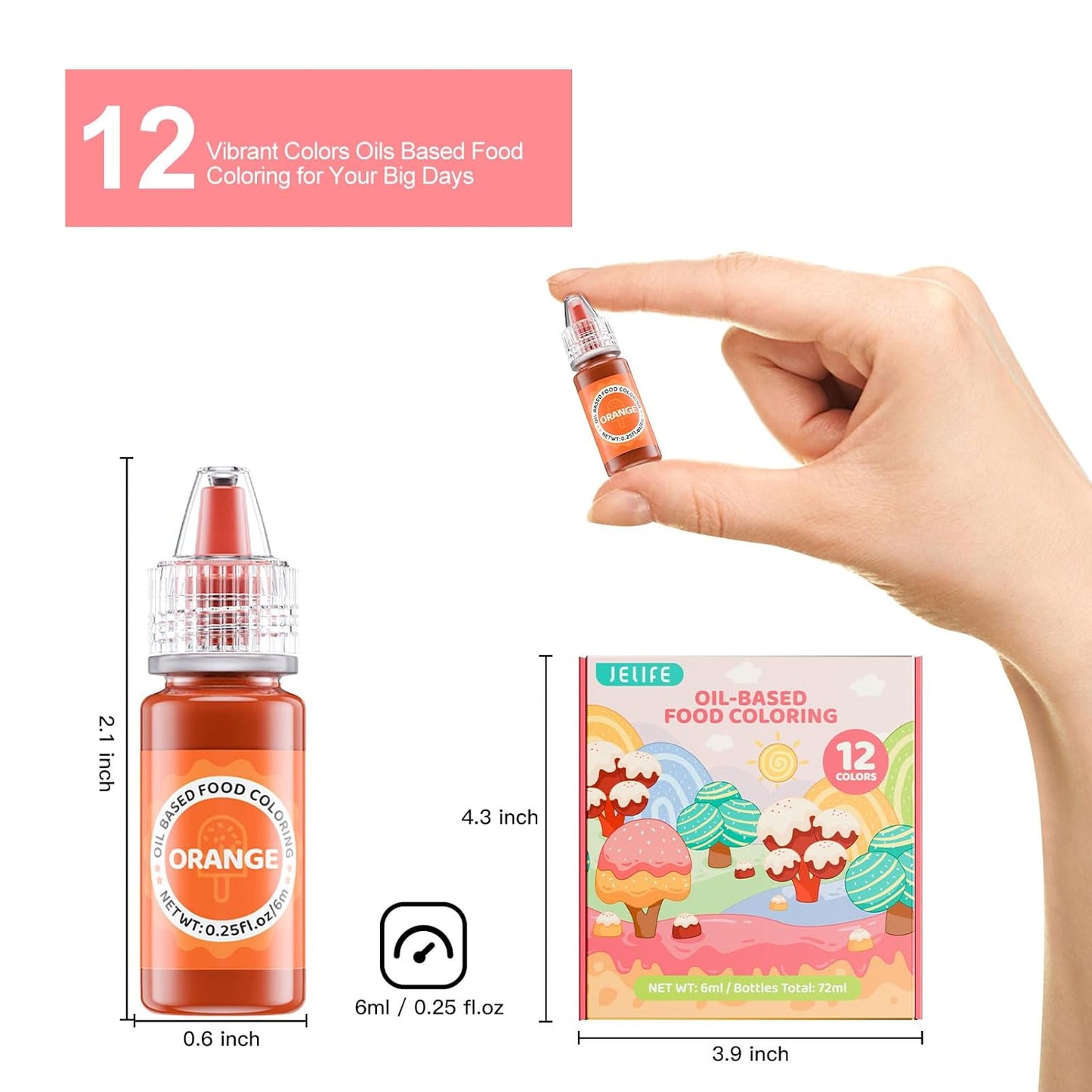 Oil Based Food Coloring for Chocolates - Jelife 12 Colors Oils Dye Set Flavorless Edible Food Color Vibrant Concentrated Neon Icing Colors for Candy Melts (6ml/Bottles)