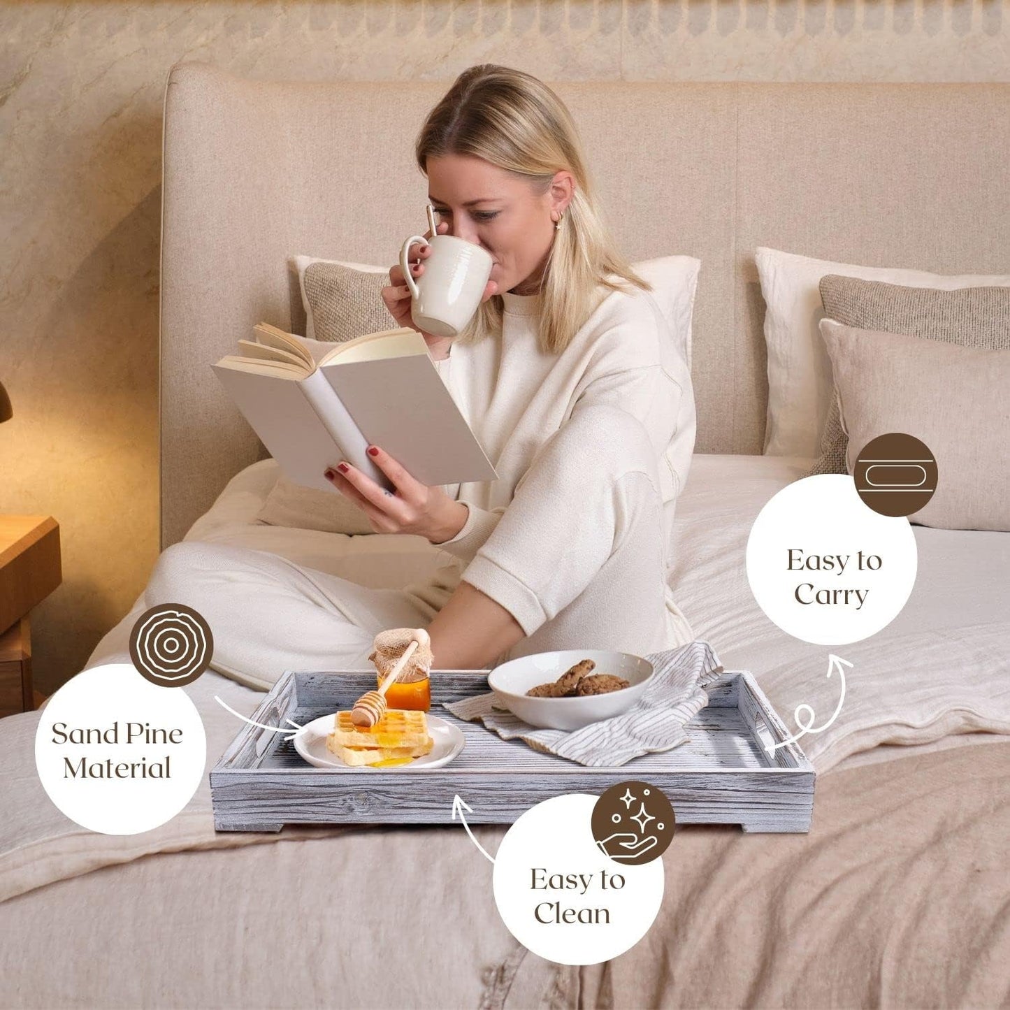 Flexzion Rustic Wooden Serving Tray with Handle - 3-Piece Set of Wooden Trays for Ottomans, Torched Whitewash Nesting Trays for Eating, Decoration, Coffee, Stackable Rectangular Breakfast Trays