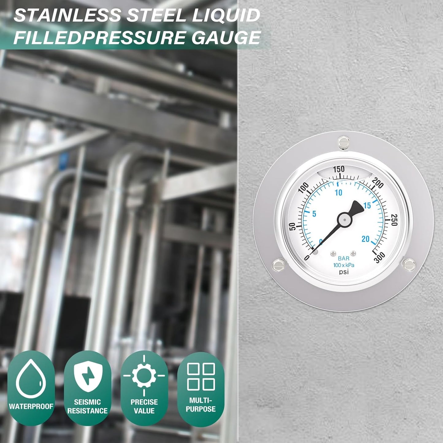 0-300PSI Panel Mount Front Flanged Glycerin Filled Pressure Gauge, 2.5" Dial Size, 1/4" MNPT Back Mount, Stainless Steel Case, with Phillips Screw and Nut, for Water, Gas, Liquid Pressure