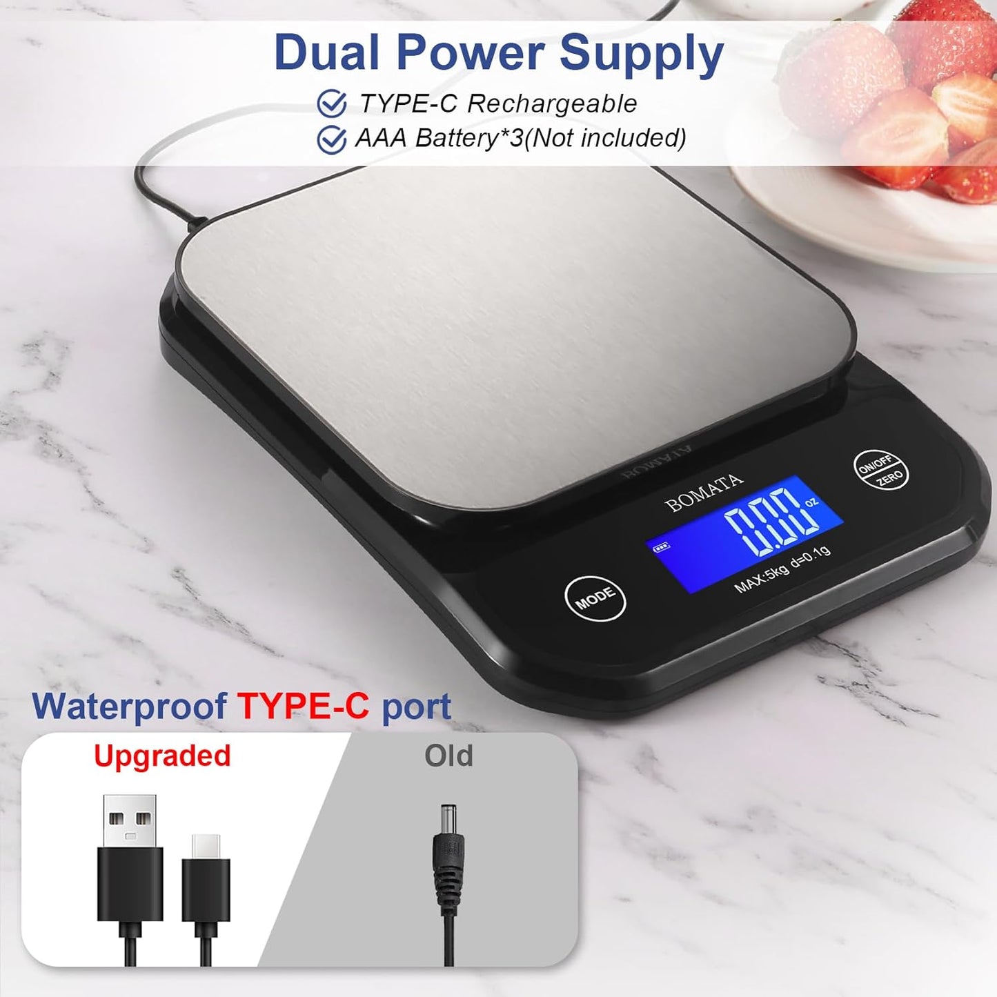 BOMATA Waterproof Kitchen Scale, 0.1g/0.01oz High Precision, 5kg/11lb, Washable, USB Rechargeable, Digital Scale for Food,Cooking, Baking, Weight Loss