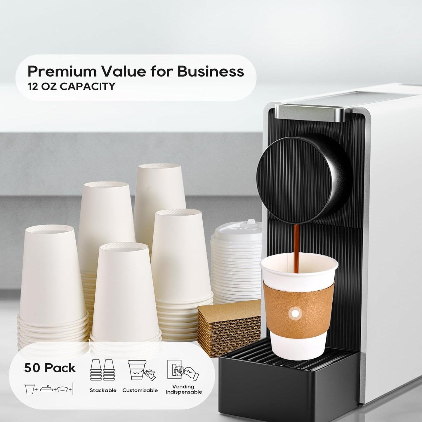 JOLLY PARTY [50 Pack] 12 oz Paper Coffee Cups, Disposable Paper Coffee Cup with Lids, Sleeves, and Stirrers, Hot/Cold Beverage Drinking Cup for Water, Juice or Tea, Suitable for Home, Shops and Cafes