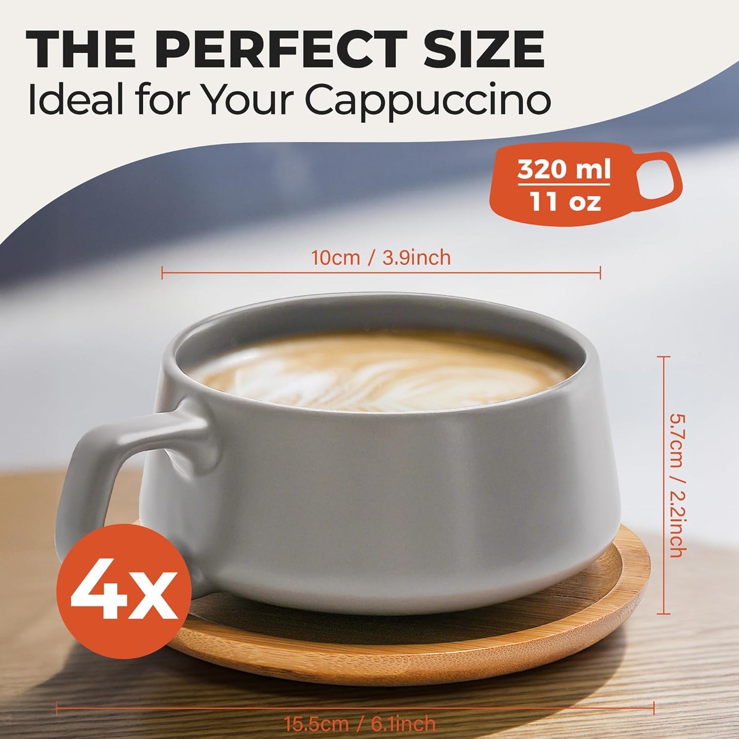 MIAMIO – 11 Oz., Set of 4 Ceramic Tea Cup and Saucer Bamboo/Tea Mug - Wide Cappuccino Cup, Coffee Cups Ceramic Mug for Cappuccino, Latte, Espresso & Americano - Luxe Collection (Classic Pastel)