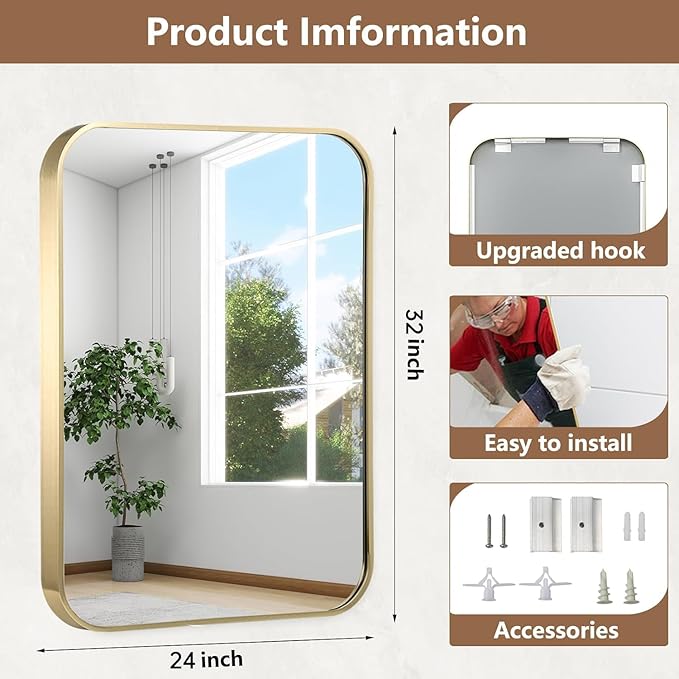 24x32 Inch Gold Bathroom Mirror, Brushed Gold Metal Framed Rectangular Mirror - Image 5