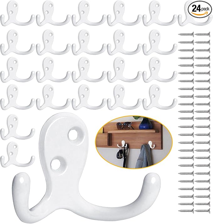 Homanu 24 Pack Coat Hooks, Heavy Duty Double Prong Coat Hooks Wall Mounted by Homanu