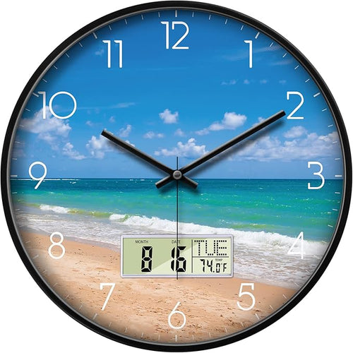 12" Silent Non-Ticking Modern Coastal Beach Wall Clock, Battery Operated Analog by SCOAGE