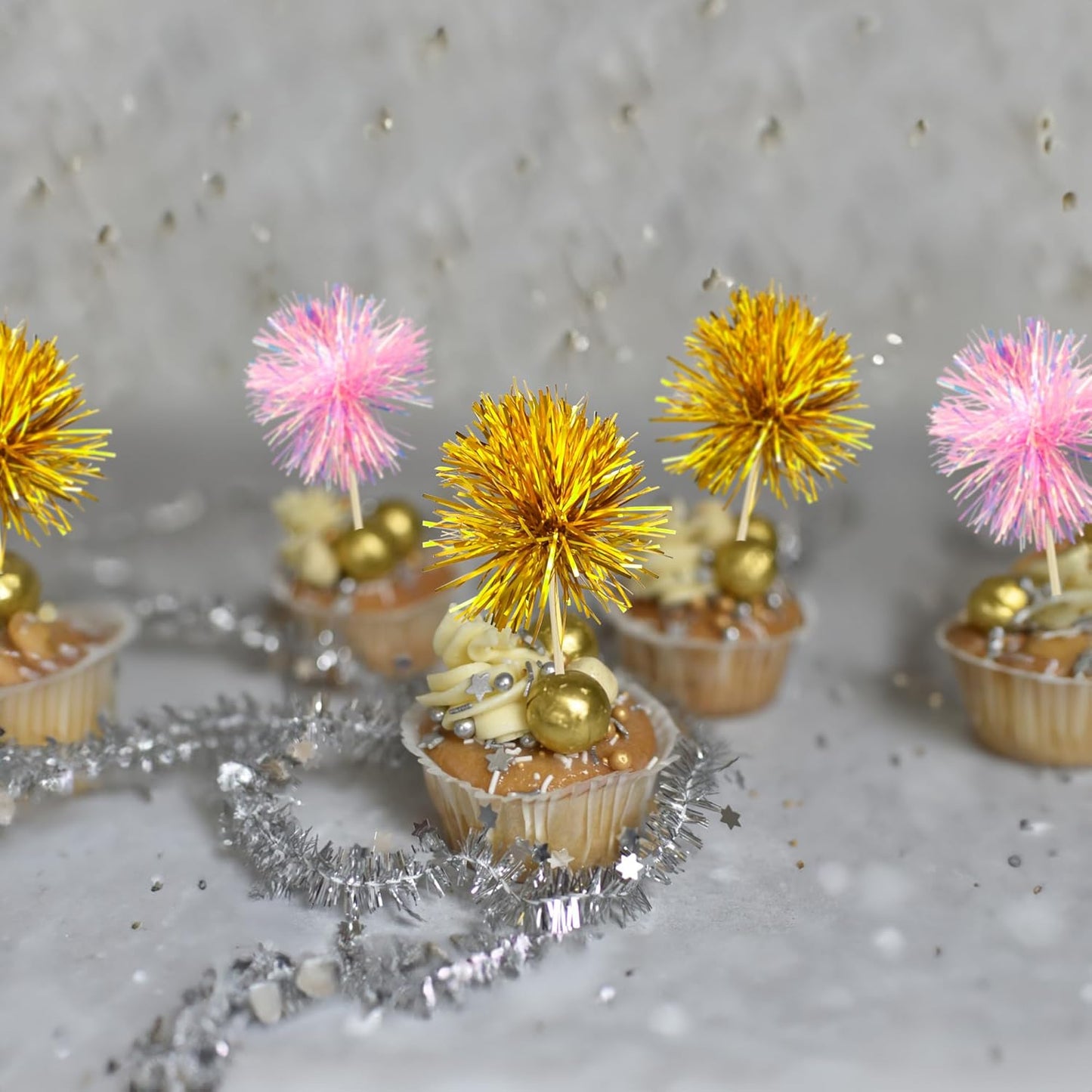 Gyufise 30Pcs Foil Firework Cupcake Toppers Sparkle Tinsel Cake Toppers Tinsel Drink Cake Decoration Cocktail Picks for Birthday Wedding Graduation Party Supplies Gold Pink