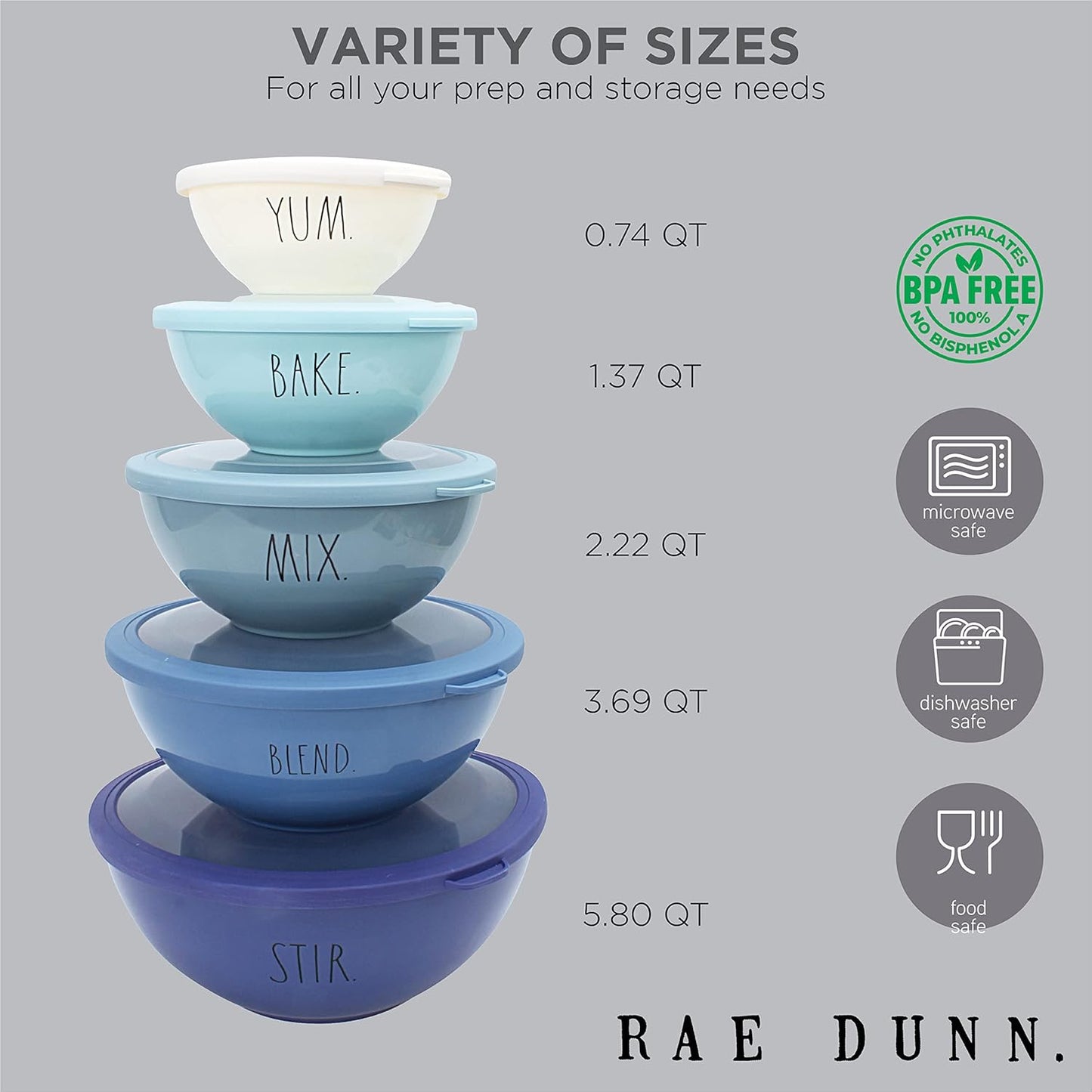 Rae Dunn Mixing Bowls with Lids - 10 Piece Plastic Nesting Bowls Set includes 5 Prep Bowls and 5 Lids (Blue Ombre)