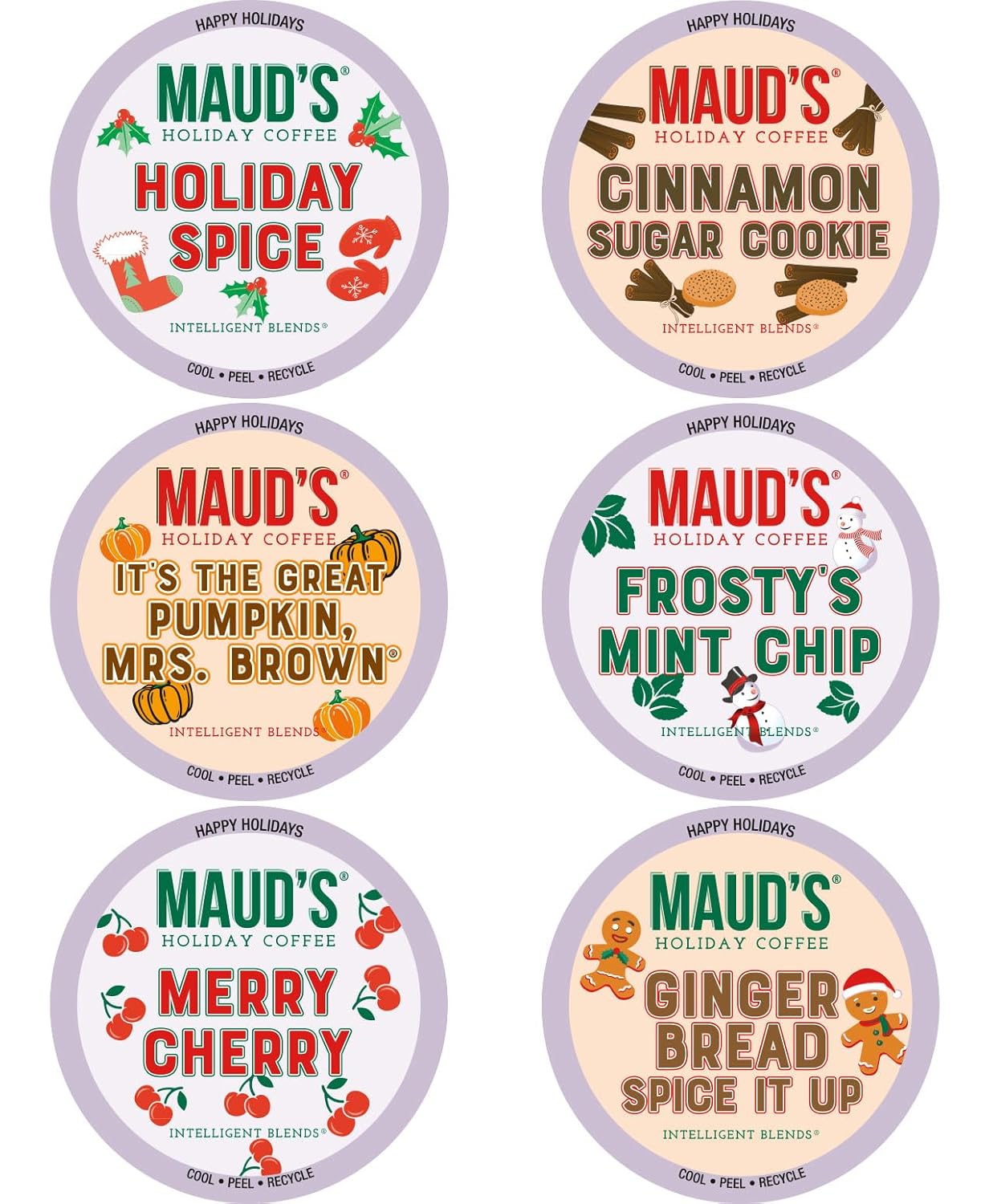 Maud's Holiday Blend Coffee Pods Variety Pack, 42 ct, 6 Assorted Flavors, Medium Roast Coffee in Recyclable Single Serve Pods – 100% Arabica Coffee, Compatible with Keurig K Cups Maker