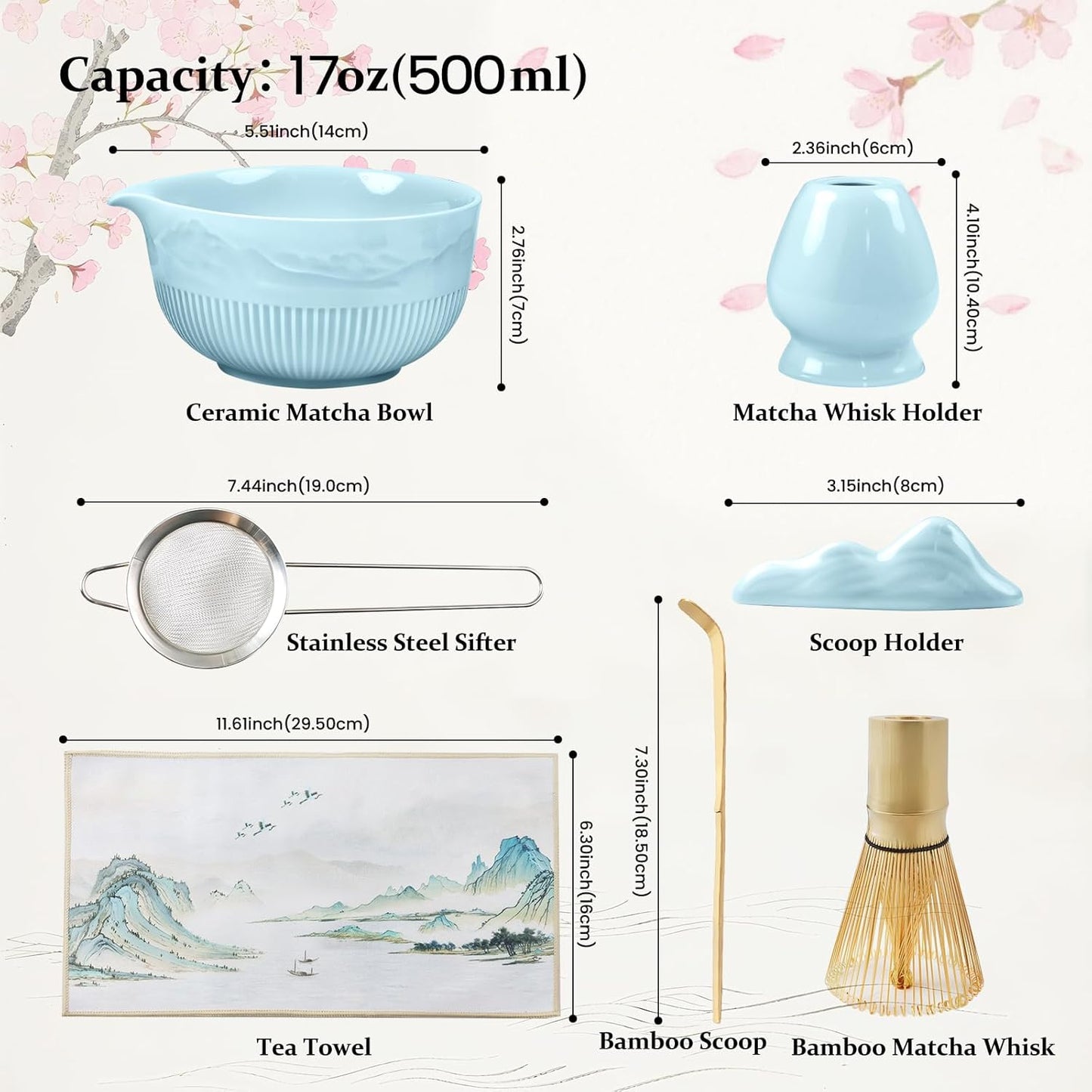 7PCs Matcha Whisk Set Traditional Japanese Matcha Kit with Ceramic Bowl Bamboo Chasen Tea Spoon Holder Sifter Tea Towel Ceremony Matcha Tea Making Tools Green Tea Set for Beginners