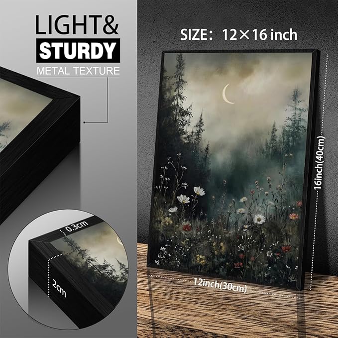 Dark Flower Field Poster Vintage Moody Academia Wall Art 12X16 inch Black - Image 2