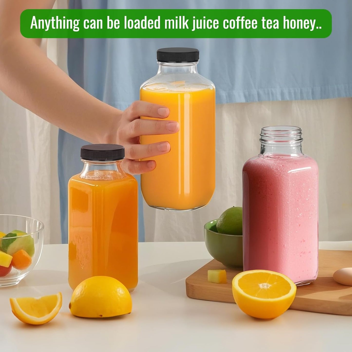 BIGIVACA 12 oz Glass Juice Bottles with Lids,12 PACK Bottles for Juicing,Square Drinking Jars Glass for Coffee,Cola,Milk,Tea in Travel,Work,School