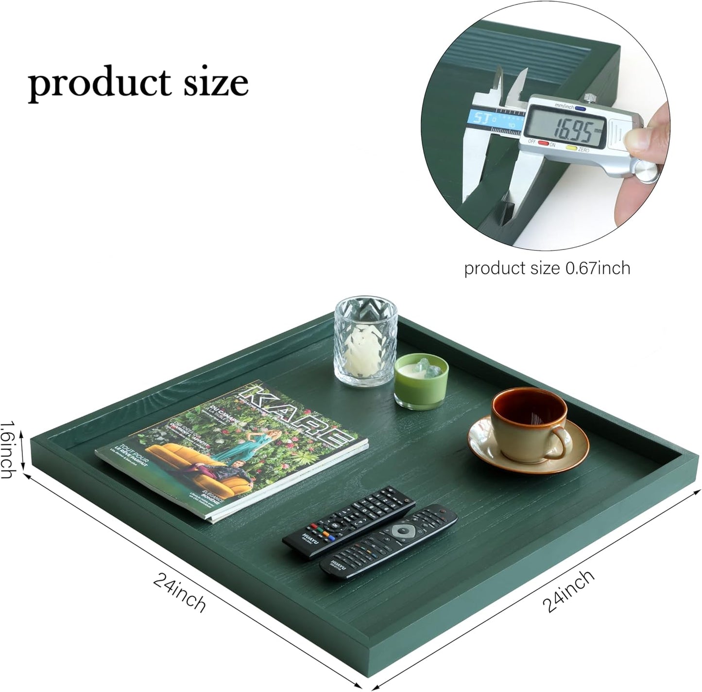 Square Ottoman Table Tray 24" - Rustic Wooden Serving Tray for Farmhouse Decorative Oversized Coffee Table Trays Living Room Kitchen Counter Breakfast Green