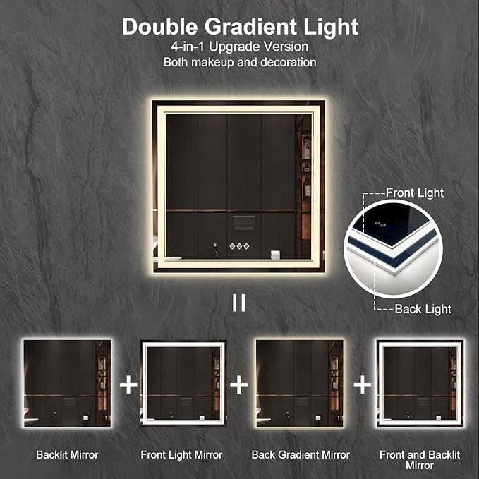 LED Mirror for Bathroom, 36x36 Inch, 3 Colors Dimmable CRI>90 Double Lights - Image 4