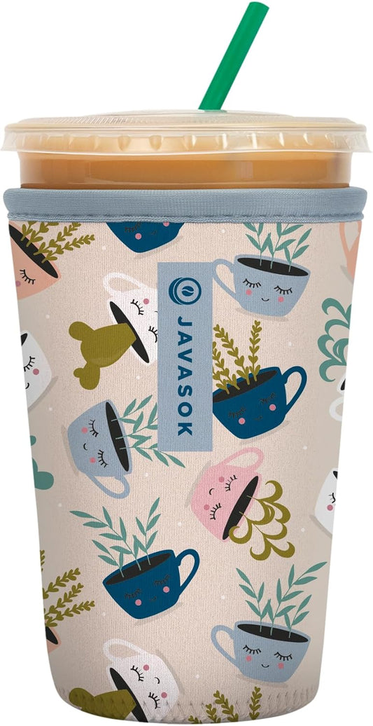 Sok It JavaSok Iced Coffee & Cold Soda Insulated Neoprene Cup Sleeve (Botanical Teacups, Medium: 22-28oz)