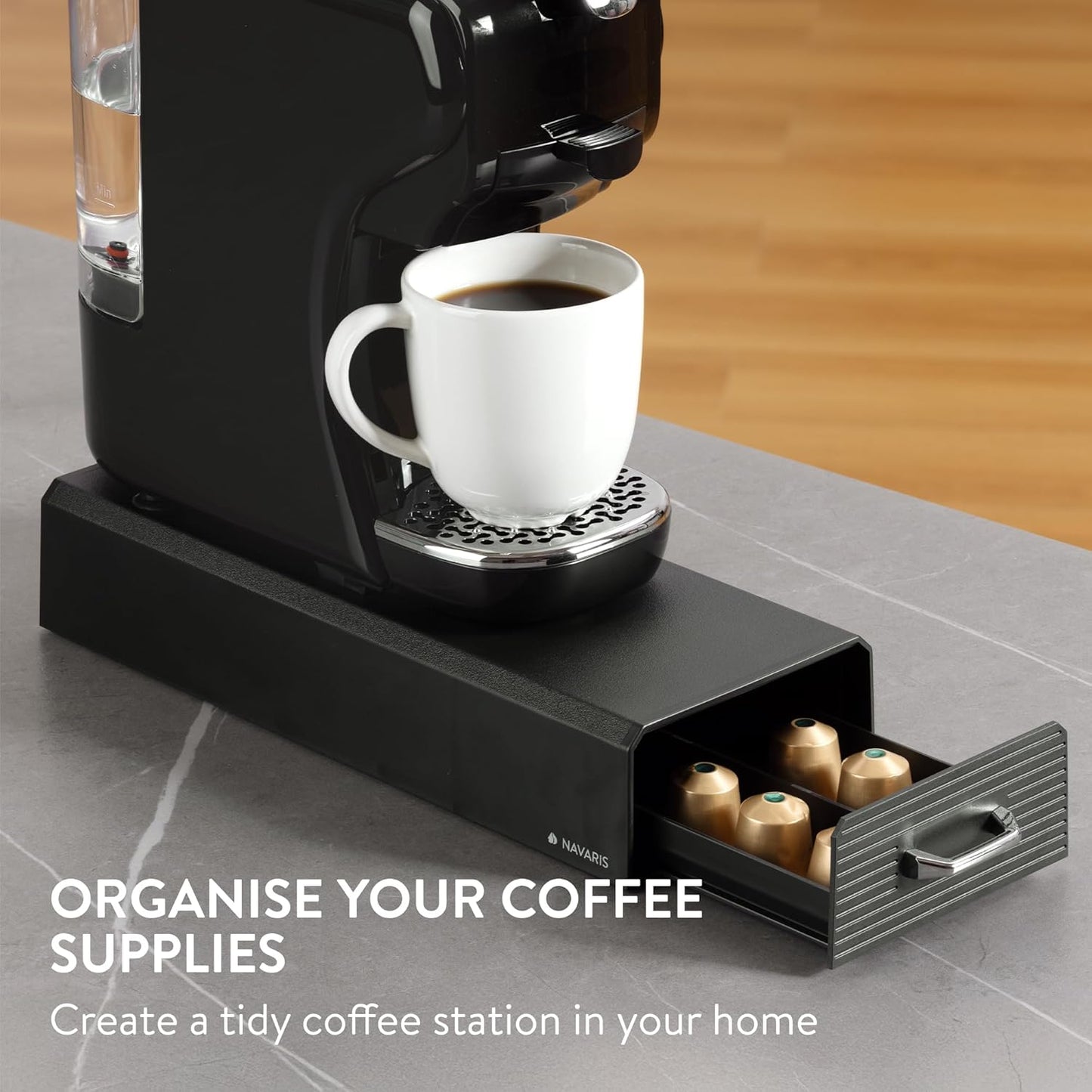 Navaris Coffee Pod Holder, Black - Compact, Space Saving Coffee Capsule Storage Holders - Durable Espresso Organiser Station - Coffee Machine Drawer Ideal for Small Kitchens
