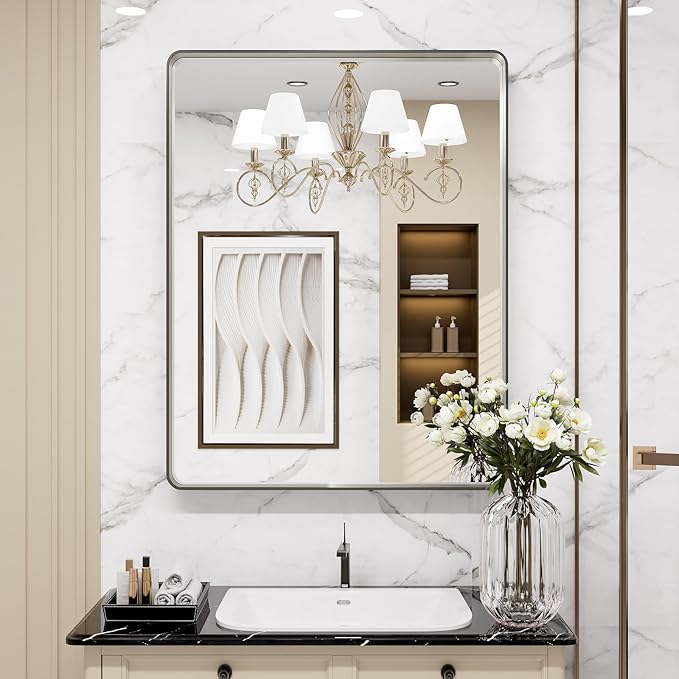 LOAAO 24X32 Inch Brushed Nickel Bathroom Mirror, Rounded Rectangle Silver Metal - Image 8