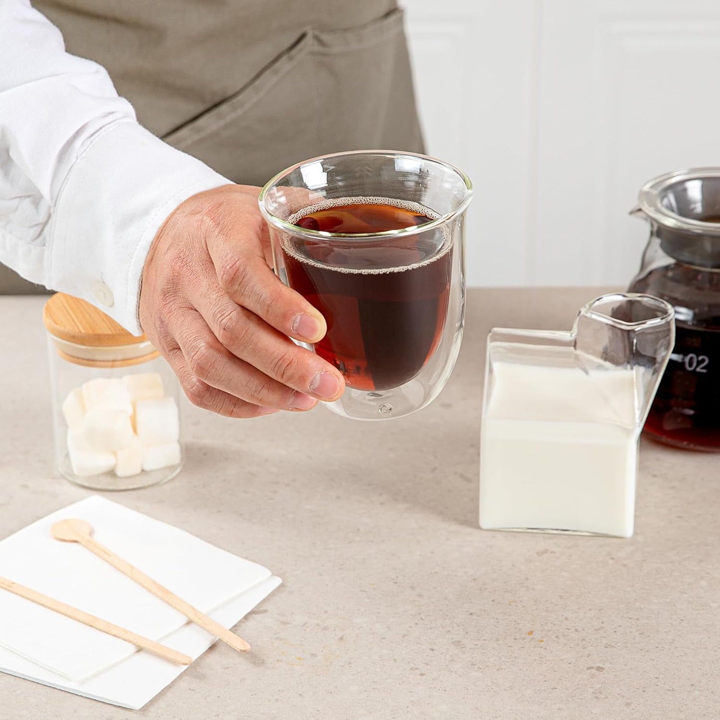 Restaurantware-Forma Professional 6.8 Ounce Double Wall Coffee Cups, 2 Insulated Latte Glasses - Dishwashable, Reusable, Clear Glass Beverage Cups, Freezable, For Hot Or Cold Beverages