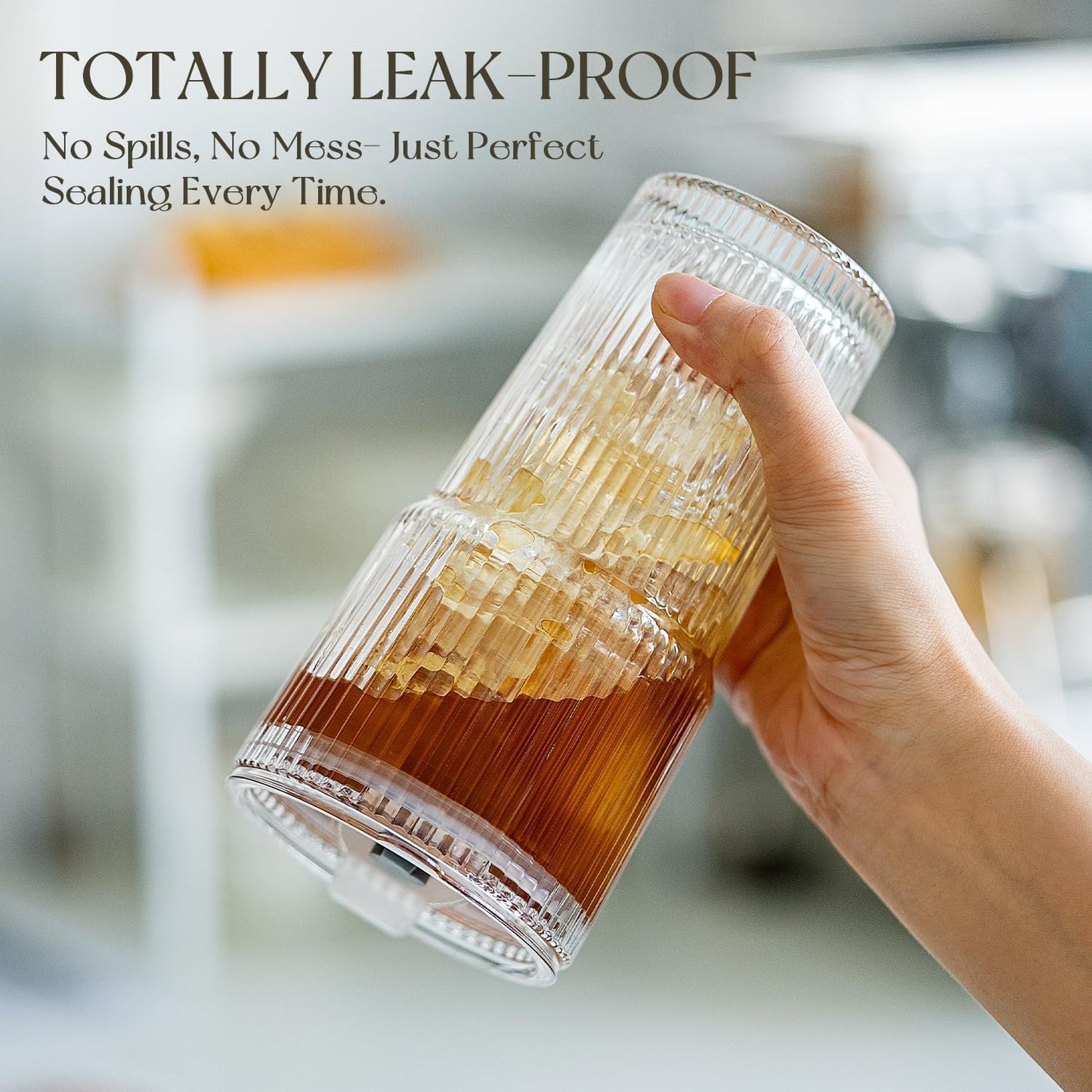 KEMORELA 2-Pack Ribbed Glass Tumblers with Lids & Straws – Vintage Iced Coffee Cups, Reusable Smoothie & Cocktail Drinking Glasses, Clear Glassware for Home or Cafe