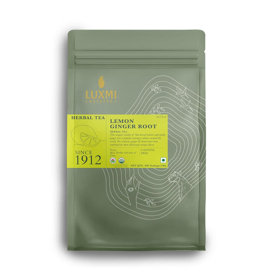 Luxmi Estates Organic Lemon Ginger Tea (50 Tea Bags), Lemon Peel, Ginger, Lemongrass and Licorice for sore throat, aids digestion, help with Nausea, and Uplifts Your Mood