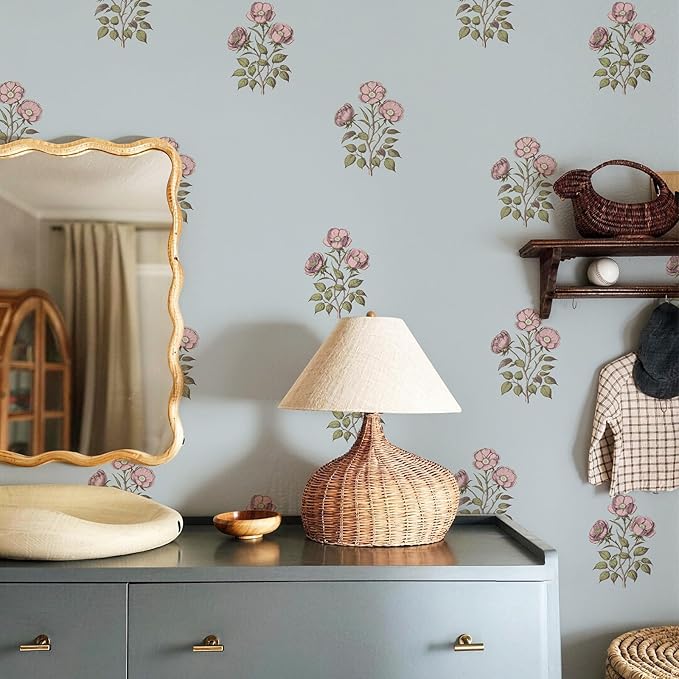 17.3" x 196.8" Vintage Blue Floral Wallpaper Peel and Stick Boho Wallpaper - Image 3