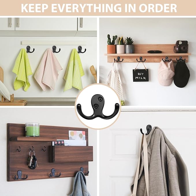 Homanu 10 Pack Coat Hooks, Heavy Duty Double Prong Coat Hooks Wall Mounted - Image 2