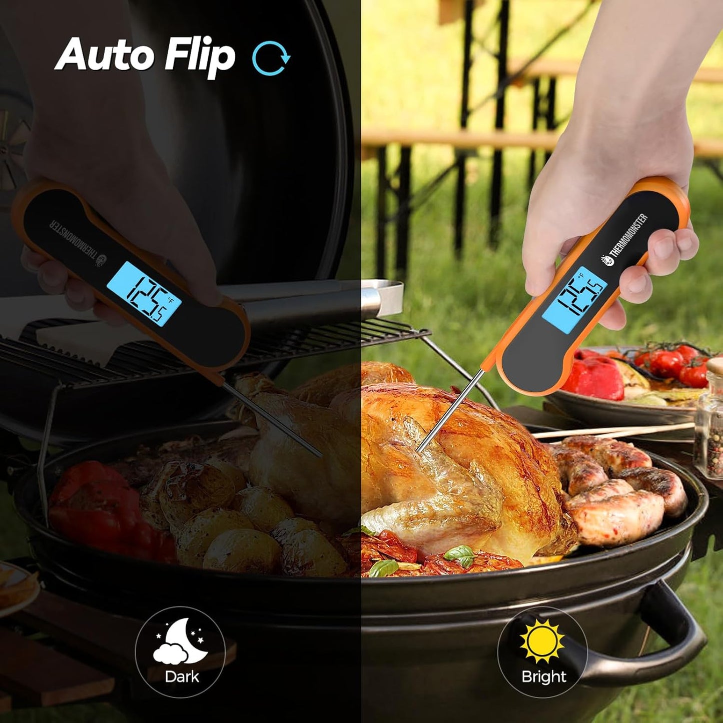 0.5 Sec Instant Read Meat Thermometer Digital with ±0.5℉ Precision, 100% Waterproof Auto Flip Bright LCD Screen, Motion Sensing Food Thermometer for Cooking Kitchen Oven Grill Candy BBQ, Orange