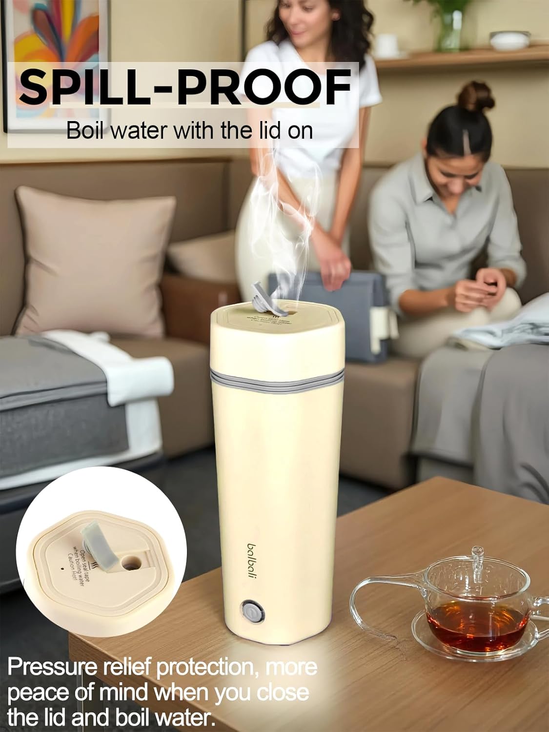 balbali Travel Kettle - 12oz Portable Electric Kettle for Boiling Water - Self Heating Cup/Thermos - Single Size Personal Tea Maker -Hot Water Boiler/Heater/Warmer - Yellow