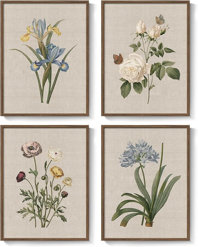 Framed Vintage Botanical Wall Art, 4 Piece Rustic Floral Painting Canvas Prints - Image 9