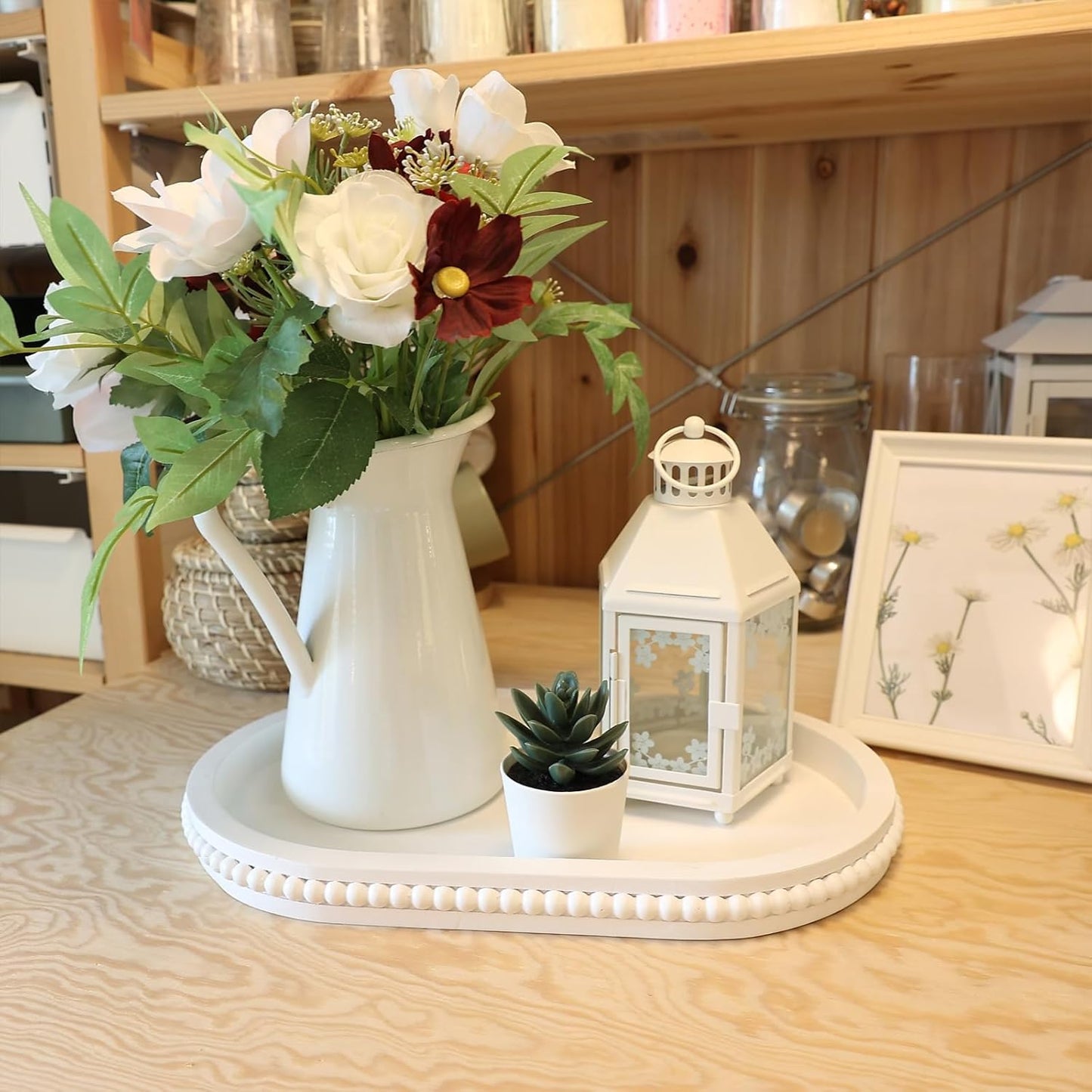 Oval Wood Serving Tray with Wooden Beads, Outdoor Farmhouse Decorative Tray for Ottoman, Coffee Table, Kitchen Counter Organizer, Home Decor(White)