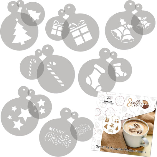 NAKLEO Coffee Stencils and Cookies Decoration 14Pcs 2.8”x2.8” and 4.3”x4.3”, Reusable Plastic Baking Templates, Christmas Winter Holidays, Barista DIY Art Craft, Capuccino Latte Cake Biscuit