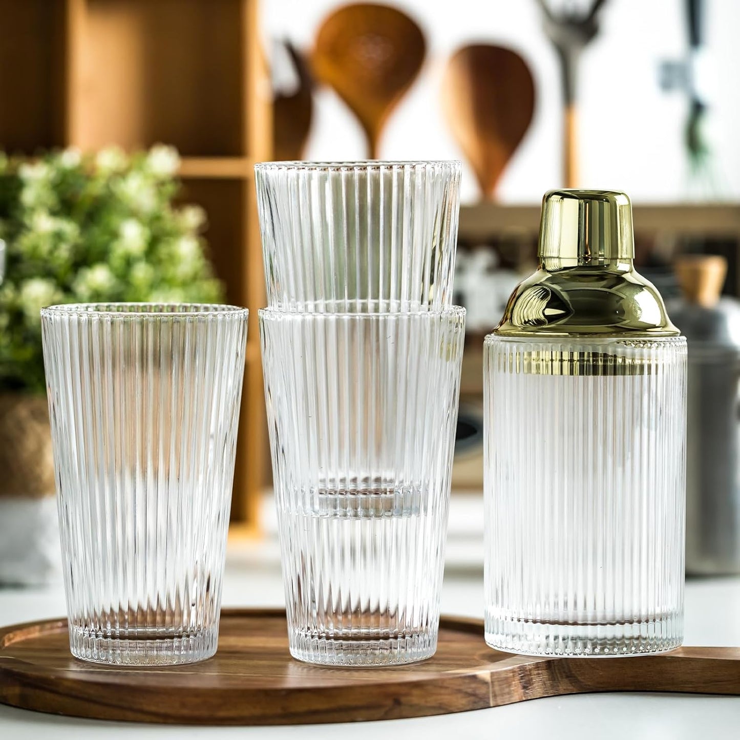 Glass Cocktail Shaker Set with Ribbed Glassware, Lids, and Straws - Elegant Bartender Kit for Whiskey, Cocktails - Dishwasher Safe, Perfect Home Bar Accessory (Glass Shaker + 3 Ribbed Glasses)