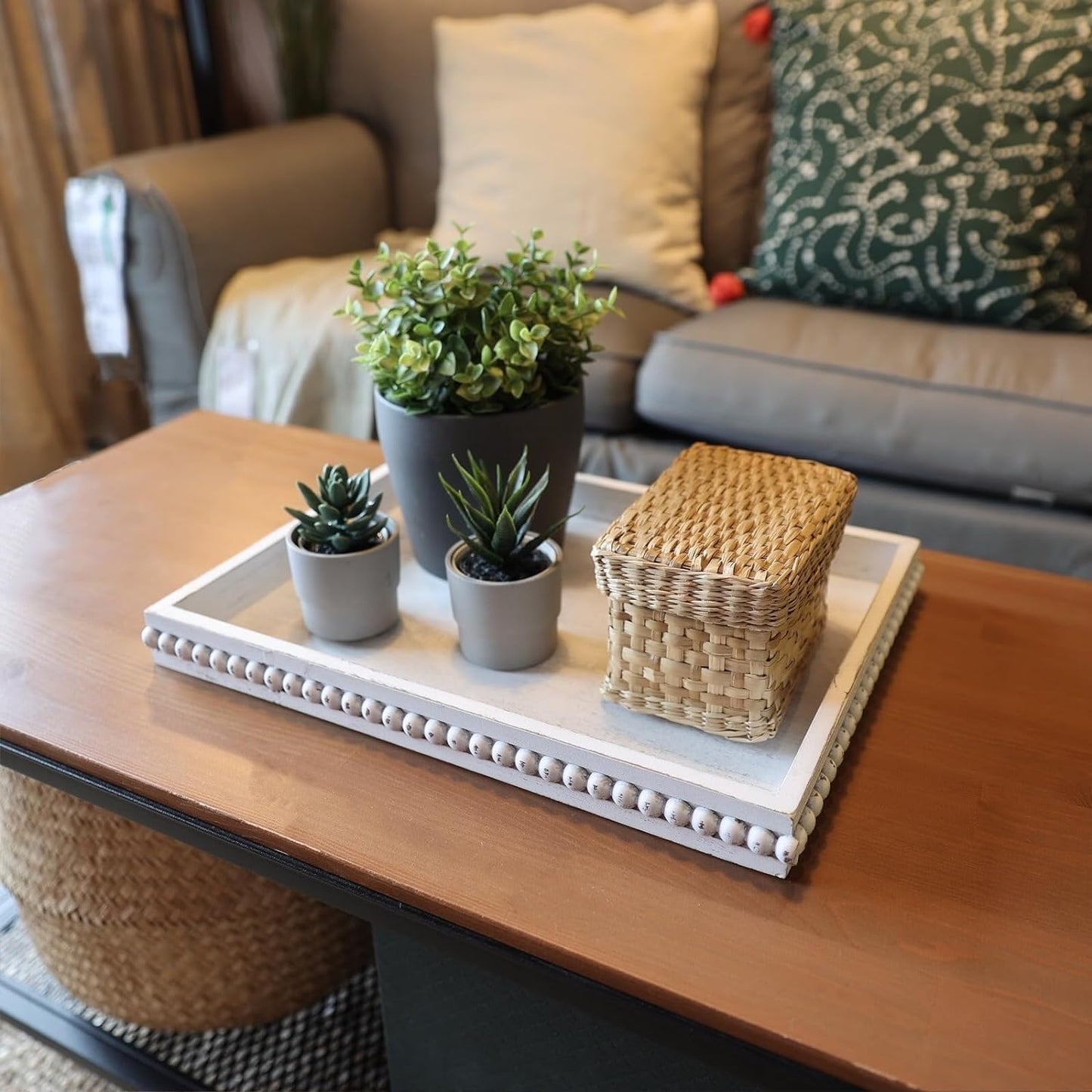 Wood Decorative Coffee Table Serving Tray, Farmhouse Rectangular Tray with Wooden Bead for Ottoman, Entertaining, Home Decor, 15.7”*11.8”*1.57” (Whitewashed)