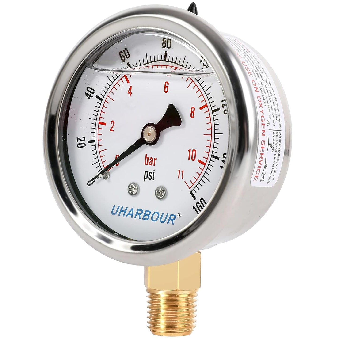 Glycerin Filled Pressure Gauge 160psi/11bar, Stainless Steel case, Brass Inside Construction, 2-1/2" dial, 1/4" NPT Rear Connection.