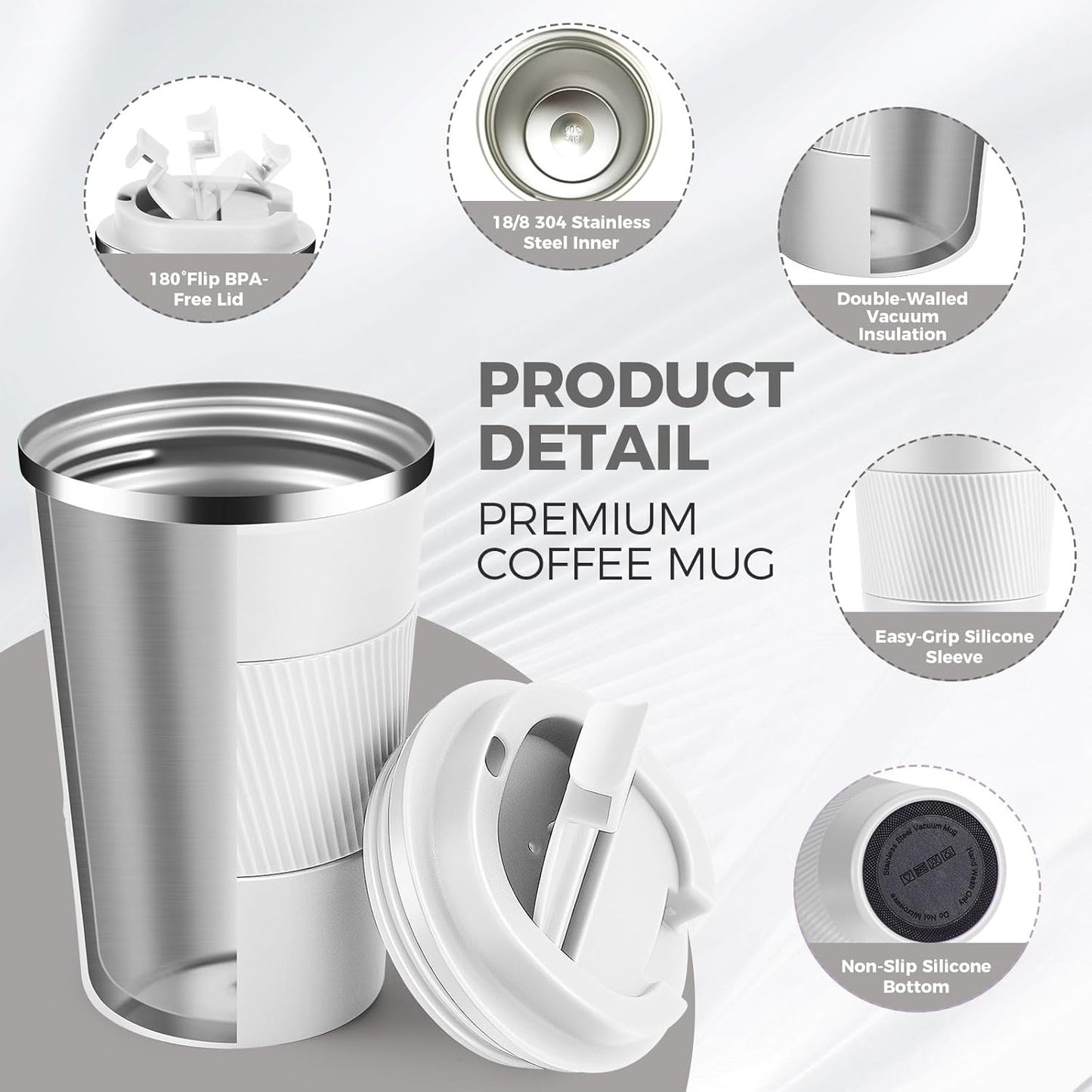 Volhoply 13 oz Stainless Steel Insulated Travel Coffee Mug with Fip Lid Bulk 4 Pack,Reusable Double Wall Vacuum Metal Coffee Cup,Portable Leak Proof Thermal Tumbler for Hot & Cold Drinks(White,4)