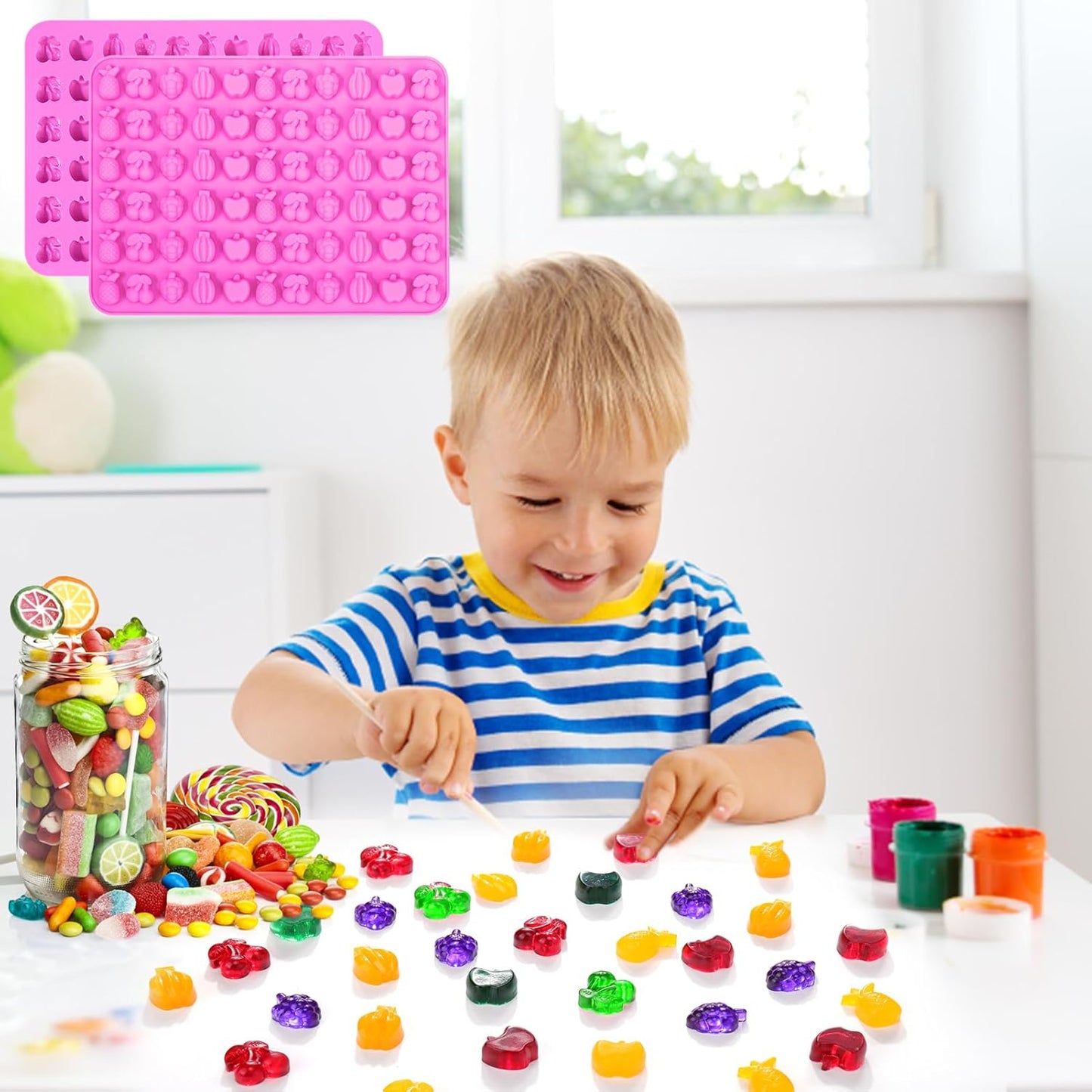 Mity rain 5pcs Fruit Snack Molds Silicone Bpa Free, Gummy Candy Molds Chocolate Molds With 5pcs Dropper For Kids, Including Mini Pineapple, Banana, Cherry, Apple, Grape Shape