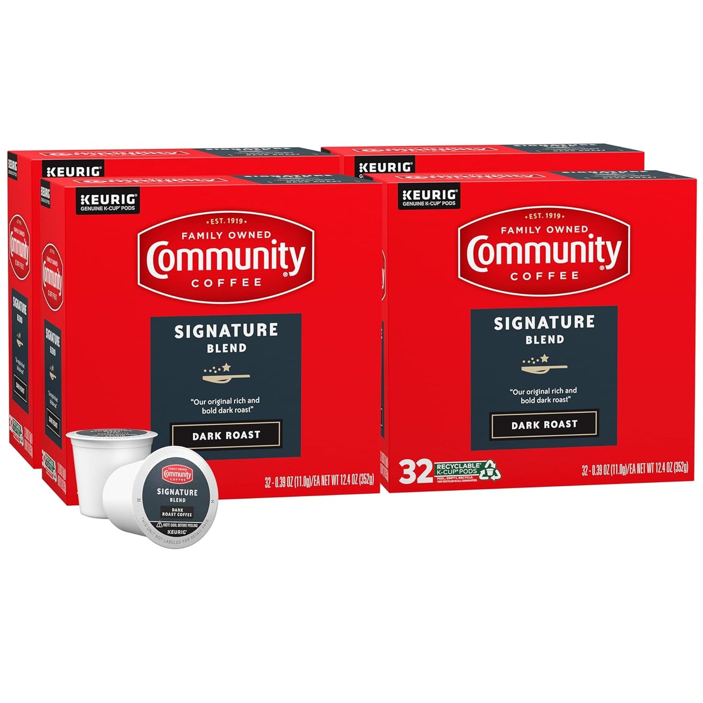 Community Coffee Signature Blend, Dark Roast, Single-Serve Keurig K-Cup Pods, 32 Count (Pack of 4)