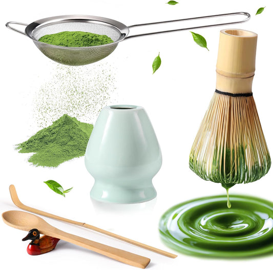 Matcha Whisk Set,MatchaSet with Bamboo Matcha Whisk and Ceramic Holder, Bamboo Scoop+Wooden Spoon,Scoop Holder,Sifter-Complete Matcha Tea Set,6 Pcs Matcha Kit,Tools for Matchas Ceremonial Grade Kit