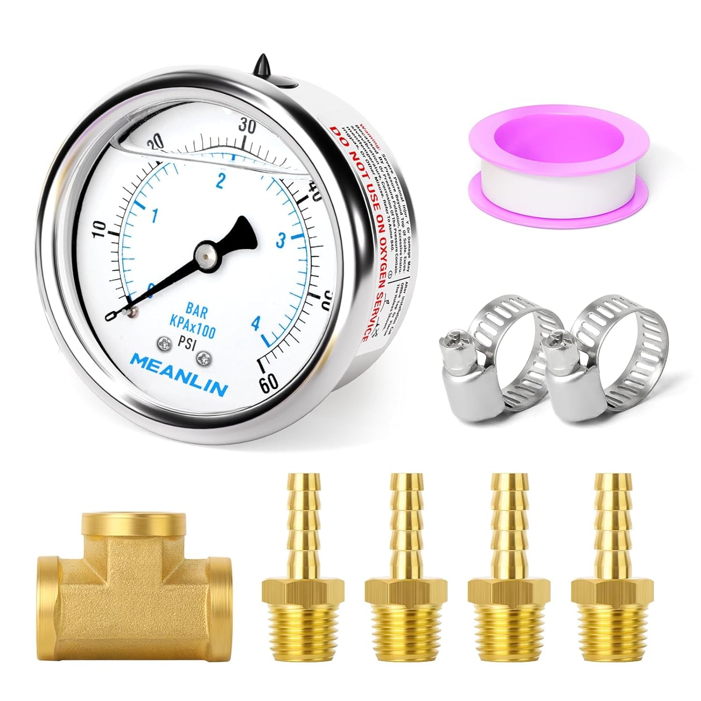MEANLIN MEASURE 0-60Psi Stainless Steel Liquid Filled Pressure Gauge 1/4" NPT 2.5" FACE DIAL, with 1/4" 5/16" Barbed, WOG Water Oil Air (9Pieces KIT, Back Mount)