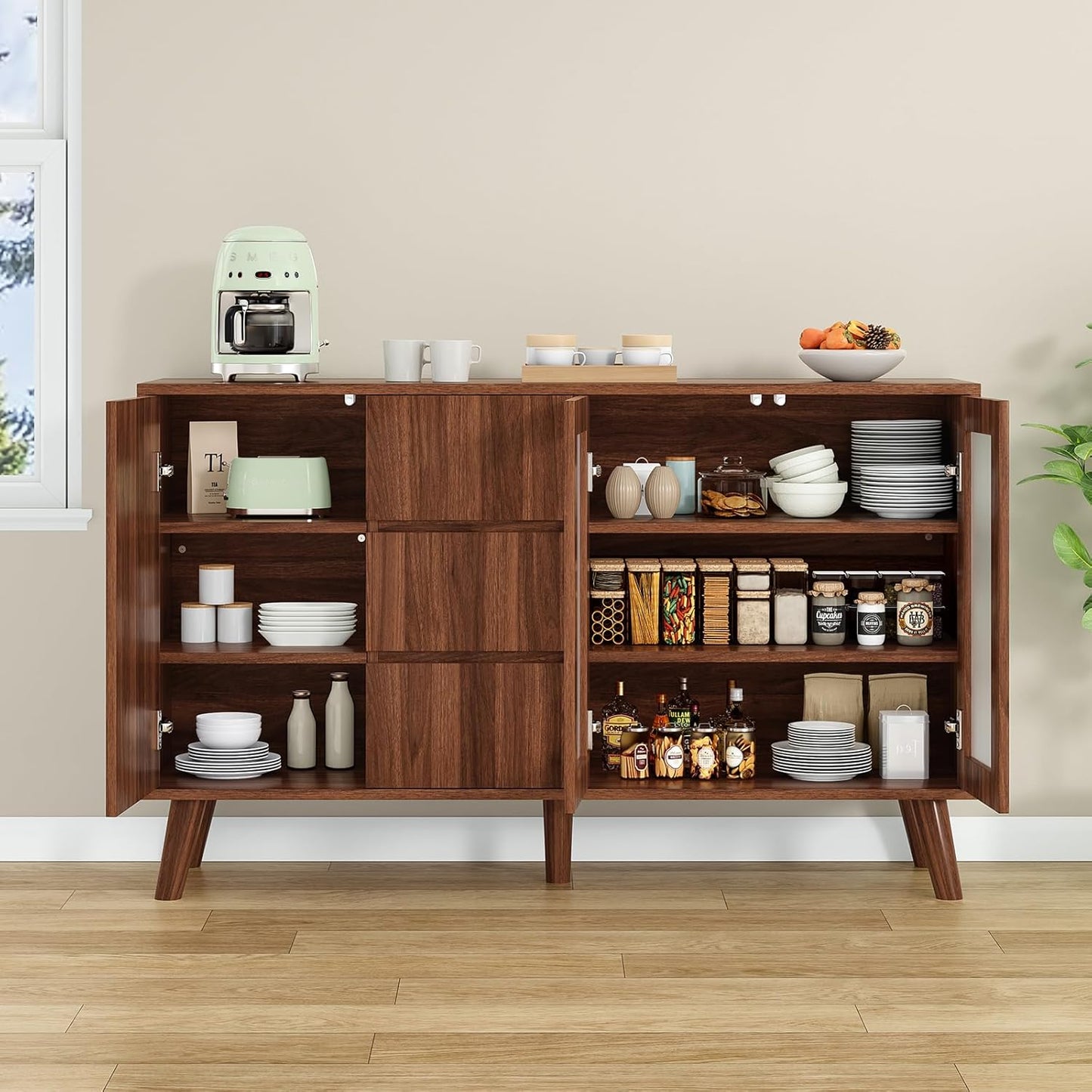 Soohow Farmhouse Buffet Cabinet, 55.5" Coffee Bar with 3 Drawers and Pop-Up Doors, Large Rustic Sideboard for Dining Room, Kitchen, Hallway, and Living Room