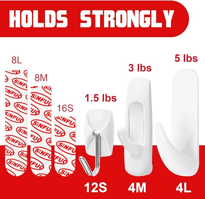 Sinfuo 20 Hooks for Hanging Variety Pack, Adhesive wall Hooks Heavy Duty - Image 3
