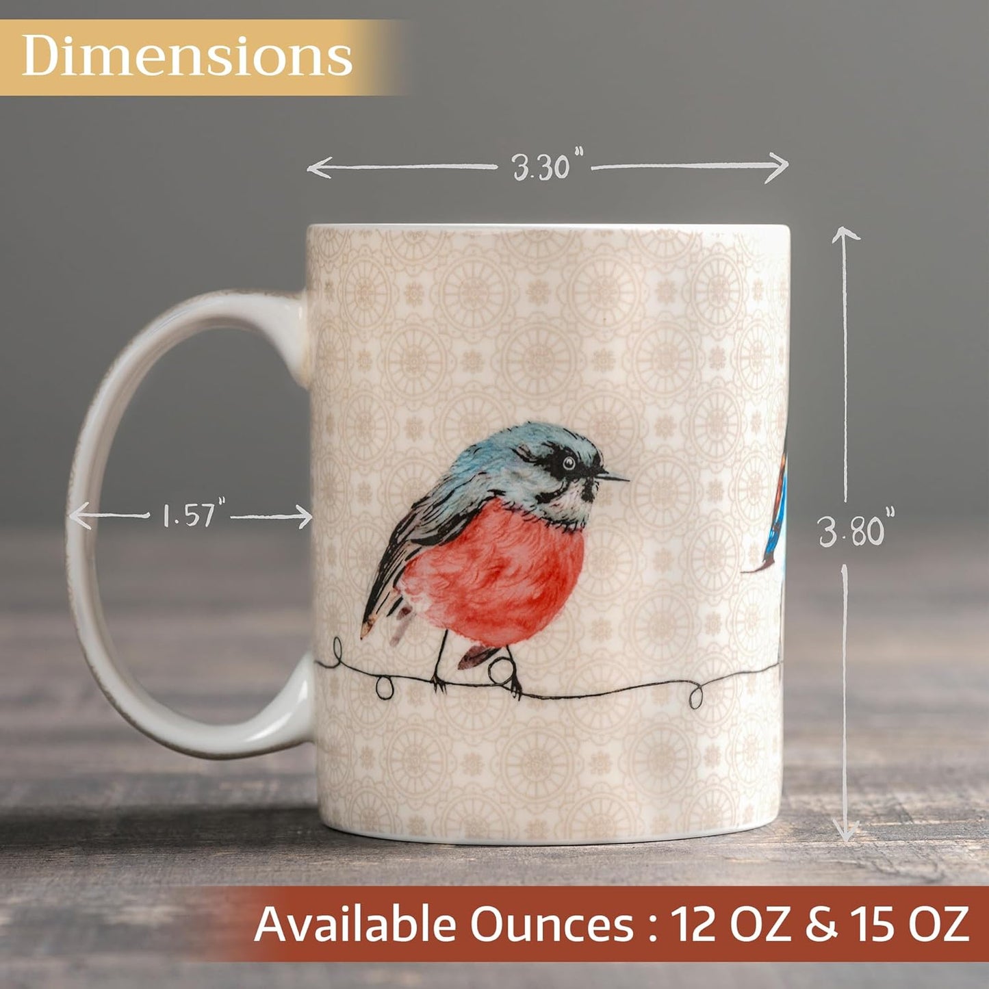 Maison d' Hermine Coffee Mug with Handles Fine Bone China Mugs Pack of Two Tea Cups for Hot Beverages Cappuccino Latte Home Restaurant Office Perfect for Gift (Birdies On Wire, 15 Ounce)