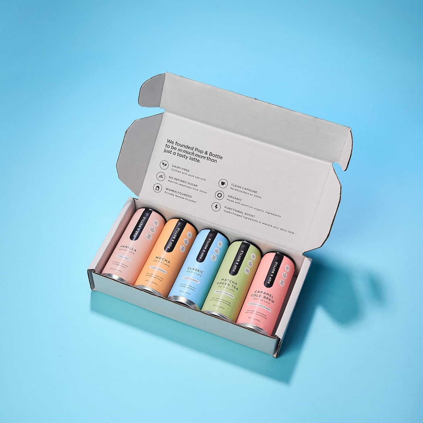 Pop & Bottle, Oat Milk Lattes - Maca, Antioxidants, Ashwagandha, MCT Oil, Collagen, Mushrooms, Organic, Dairy & Gluten Free, Great as Iced Coffee, Lightly Sweetened with Dates - 8 Fl Oz (5 Pack)