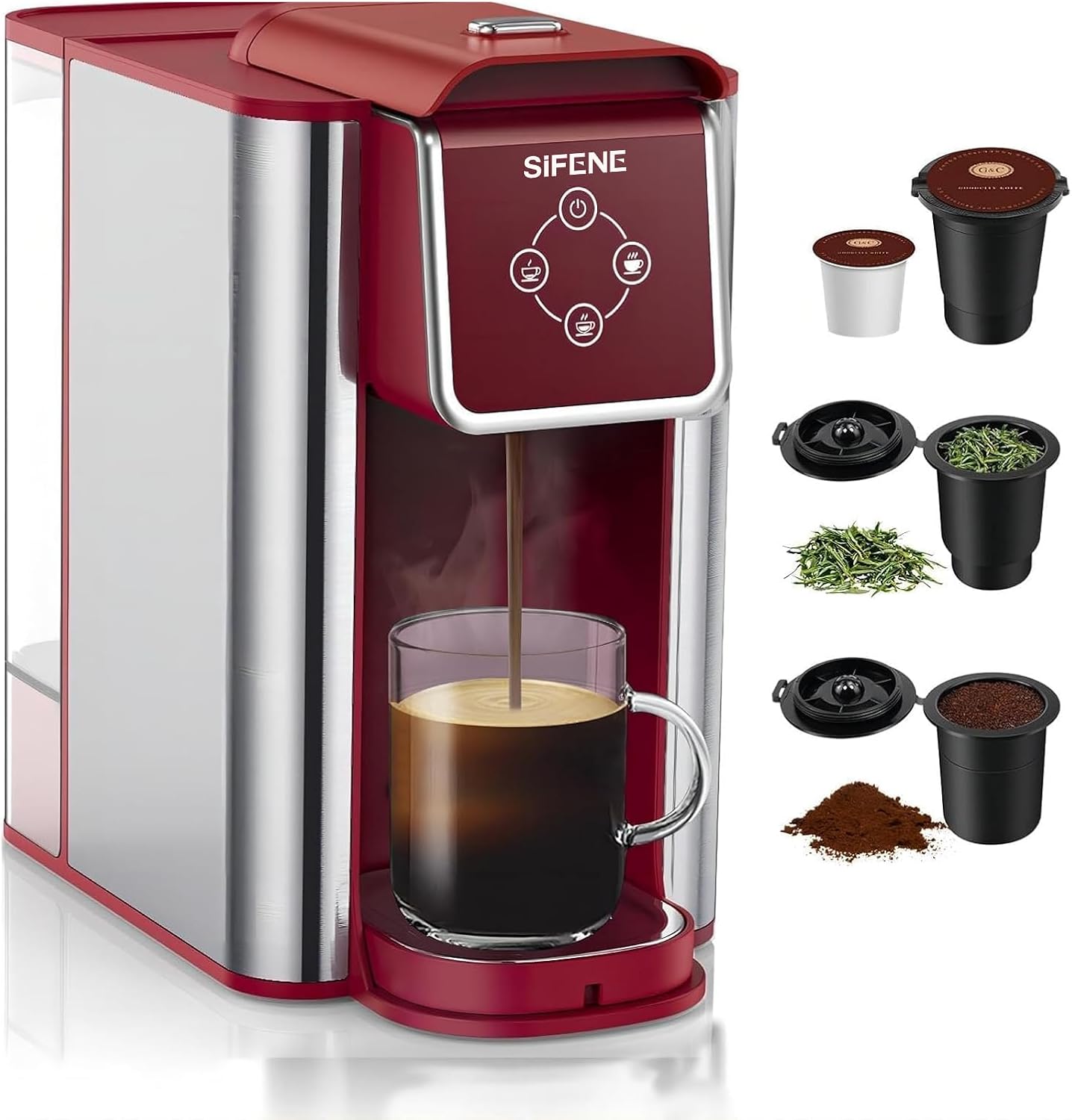 3-in-1 Capsule Coffee Machine - Single Serve Brewer for Coffee Pods, Ground Coffee, & Loose Tea, 6-10oz Brew Sizes, 50oz Removable Tank, 1150W (Red)