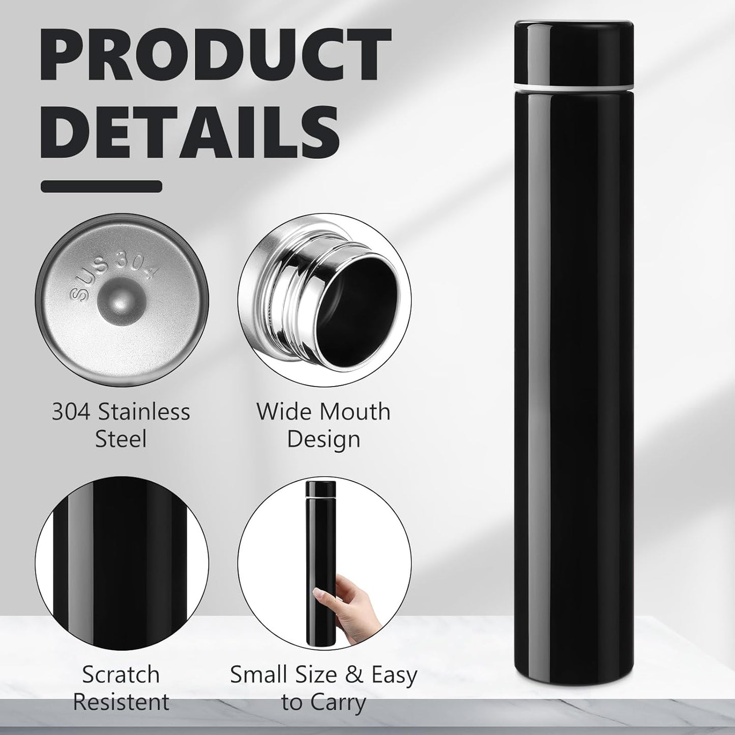 Vesici Slim Water Bottle 8.8 oz Small Stainless Steel Purse Compact Insulated Water Bottles Camping Travel Backpack Pocket Flask for Car Cold Coffee Tea(Black, Red,2 Pack)