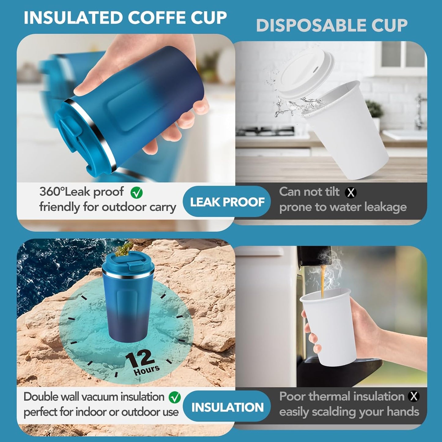 Volhoply 12 oz Double Wall Insulated Vacuum Travel Coffee Mug with Flip Lid Bulk 4 Pack,Reusable Stainless Steel Leak Proof Coffee Cups,Portable Thermal Tumbler for Hot & Cold Drinks(Dark Night,4 Set)