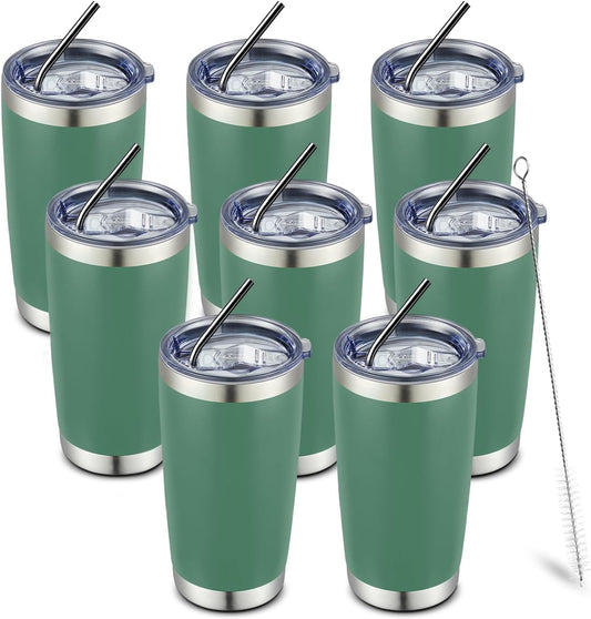 COMOOO 20oz 8 Pack Tumbler Double Wall Vacuum Insulated Coffee Travel Mug Stainless Steel Tumbler Bulk with Lid and Straw Insulated Coffee Cup for Cold & Hot Drinks (dark green, 8 Pack)