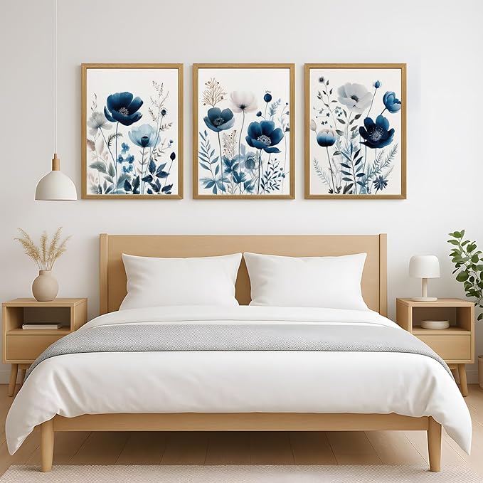 LLEEMPI Navy Blue Floral Wall Art Set of 3, Modern Wildflower Wall Decor - Image 5
