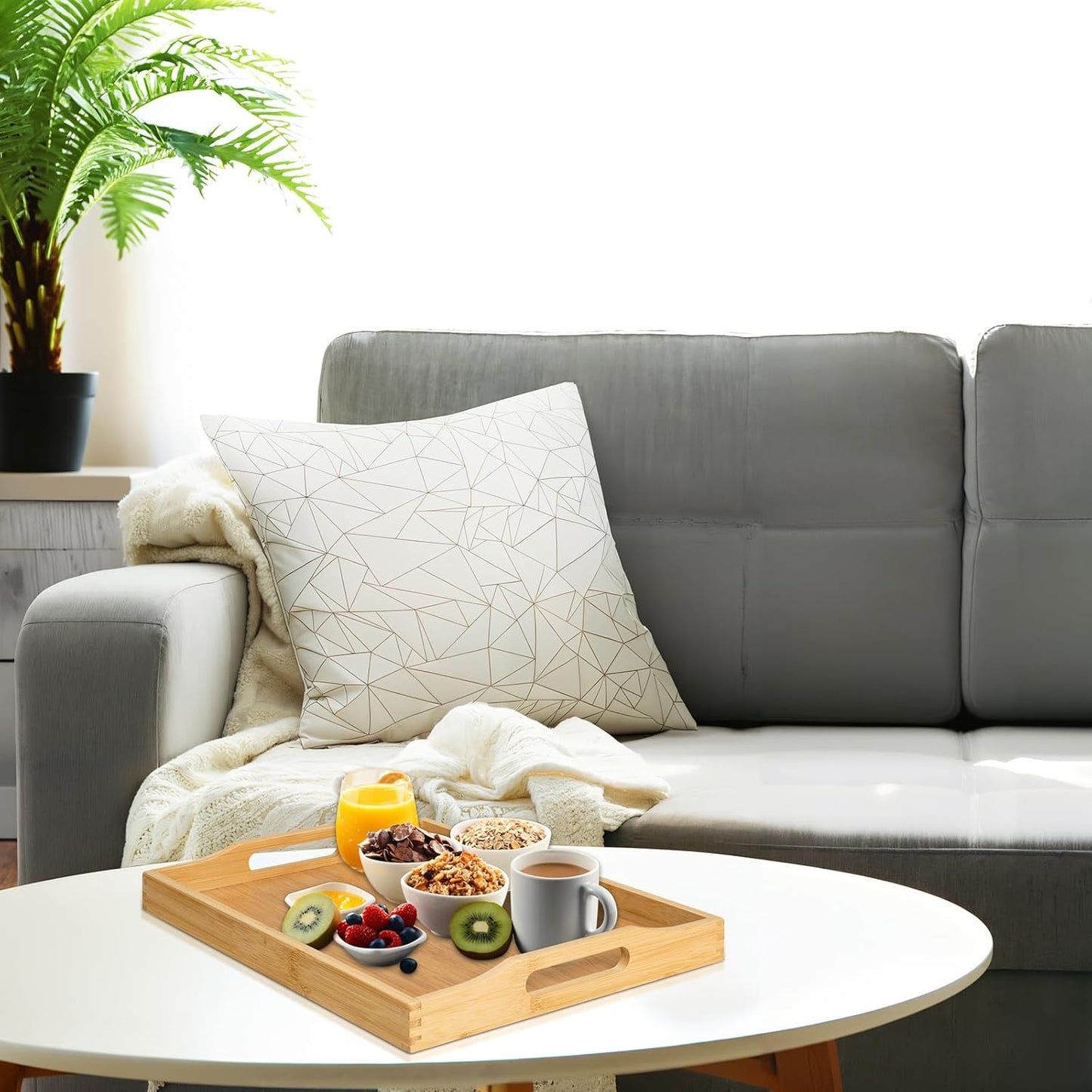 Bamboo Food Serving Tray with Handles, Breakfast Bed Tray for Tea,Snack,Dinner, Home Decorative Storage Food, Platter, Ottoman for Kitchen Counter, Bathroom, Restaurant (Beige)