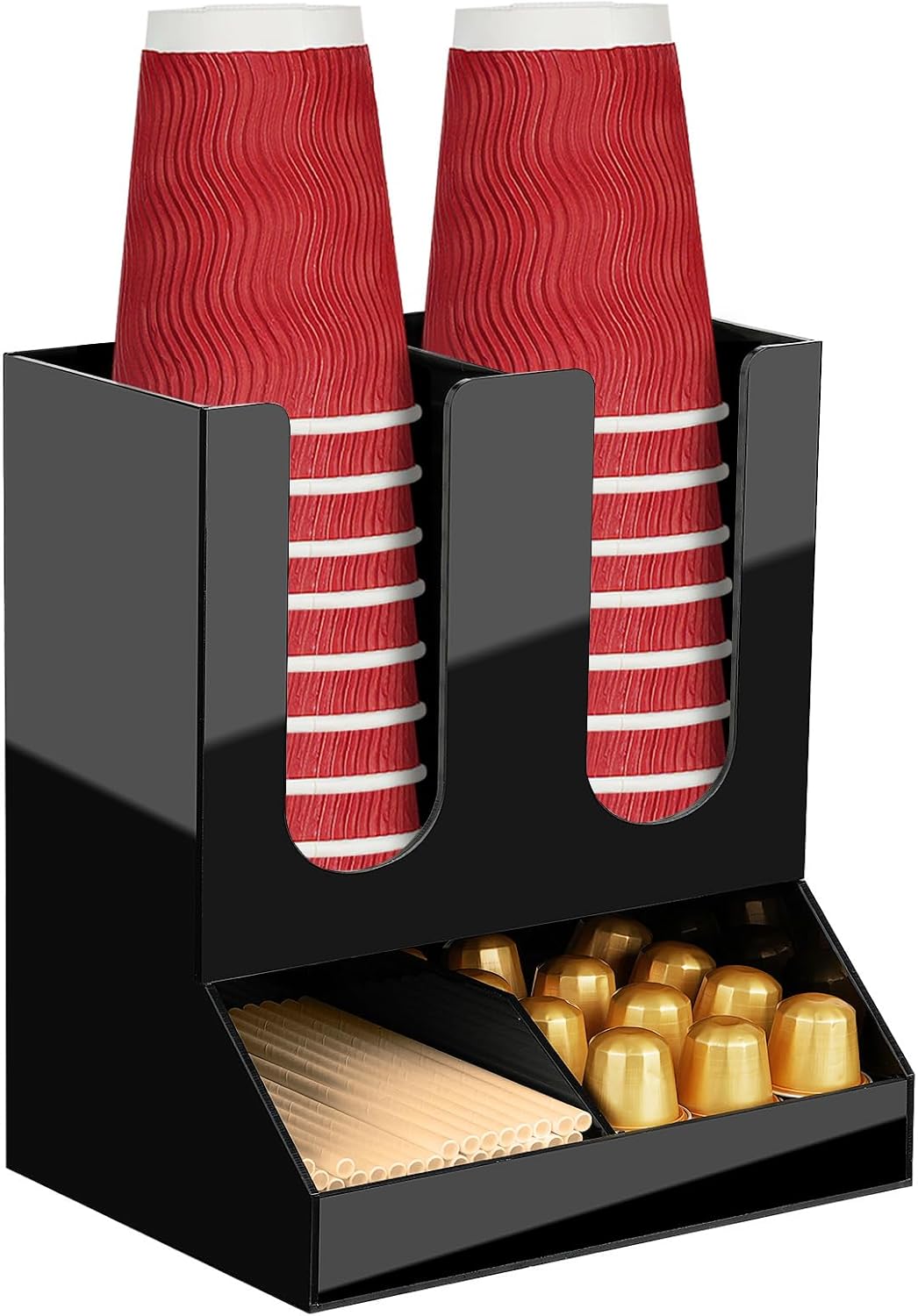 MYITYARD Coffee Station Organizer, 2-Tier Coffee Bar Accessories for Countertop, Acrylic Condiment and Cup Storage Organizer, 4 Compartments, Cup and Lid Holder for Pods, Syrup, Stirrer